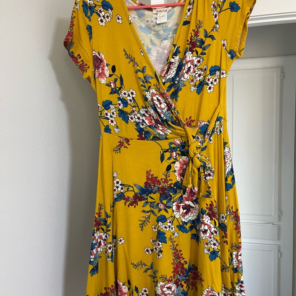 Above knee yellow floral wrap top dress